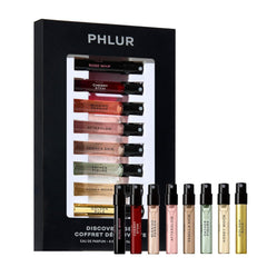 PHLUR discovery set front packaging showing an organized 8-sample display and gifting appeal