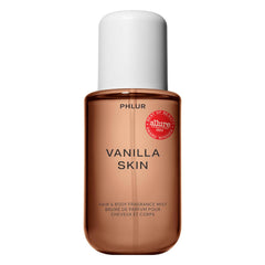 PHLUR front bottle showing vanilla skin mist, elegant packaging and ready-to-use