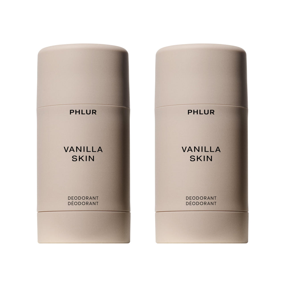PHLUR front packaging showing two deodorant sticks with warm vanilla appeal