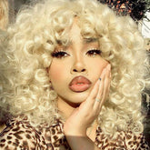 PHOENIXFLY front view short blonde curly wig showing natural look benefit