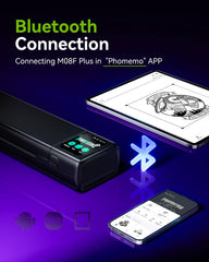 Phomemo M08F Plus beside a sheet of Phomemo stencil paper, demonstrating paper compatibility