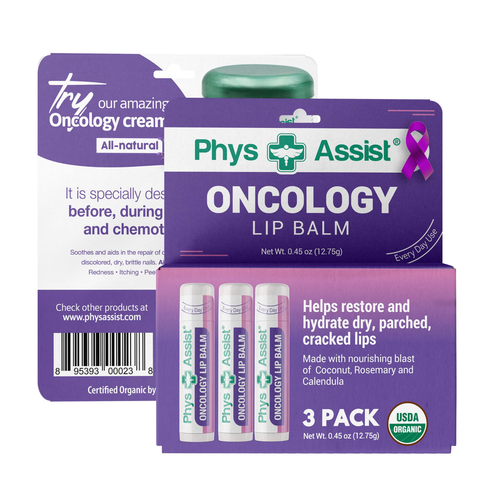 PhysAssist front packaging showing three organic lip balms for everyday hydration