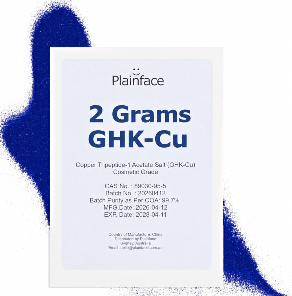 Plainface front vial showing 2g GHK-Cu powder and clear labeling benefit precision