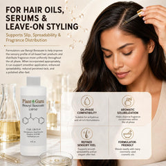 Close-up clear benzyl benzoate liquid texture by Plant Guru for solvent and fixative benefit
