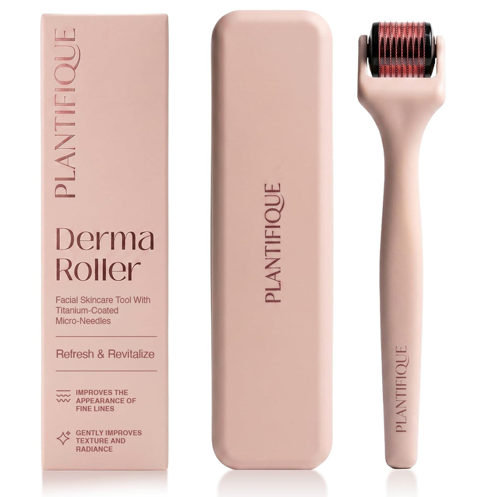 PLANTIFIQUE derma roller front view showing compact pink design and easy grip