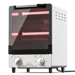 Plasdent sterilizer front view showing compact stainless housing and benefit of durability