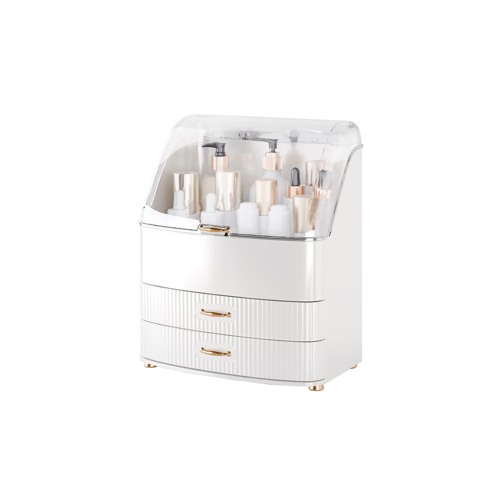 Plukers front view white vanity organizer showing clear drawers and tidy cosmetics for easy access