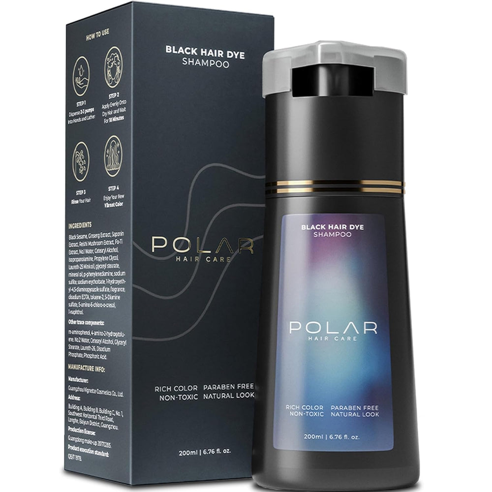 POLAR HAIR CARE front bottle showing Jet Black shampoo packaging and quick color benefits