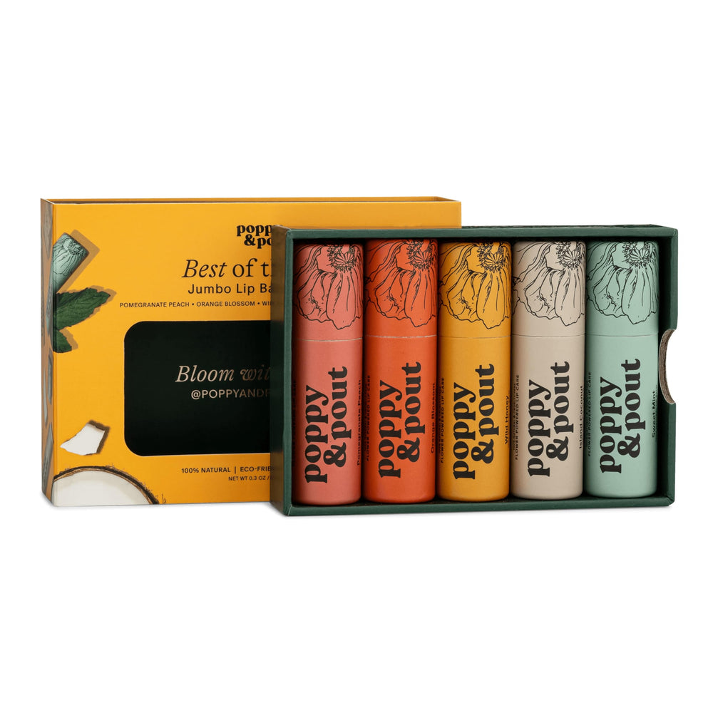 Poppy & Pout front packaging showing five jumbo balm tubes and flavor variety benefits