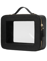 Popvibe front view of clear toiletry bag showing organized contents and quick access
