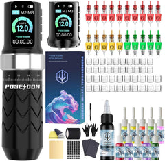 POSEIDON front packaging showing full wireless tattoo kit, ideal for ready-to-use setup
