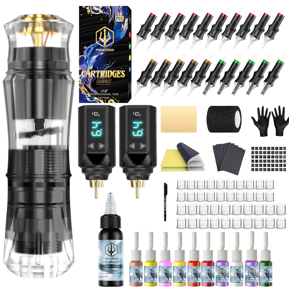 POSEIDON full kit front view showing pen batteries and inks for beginner convenience