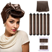 posicurly front packaging showing six heatless curlers and scarf for easy storage