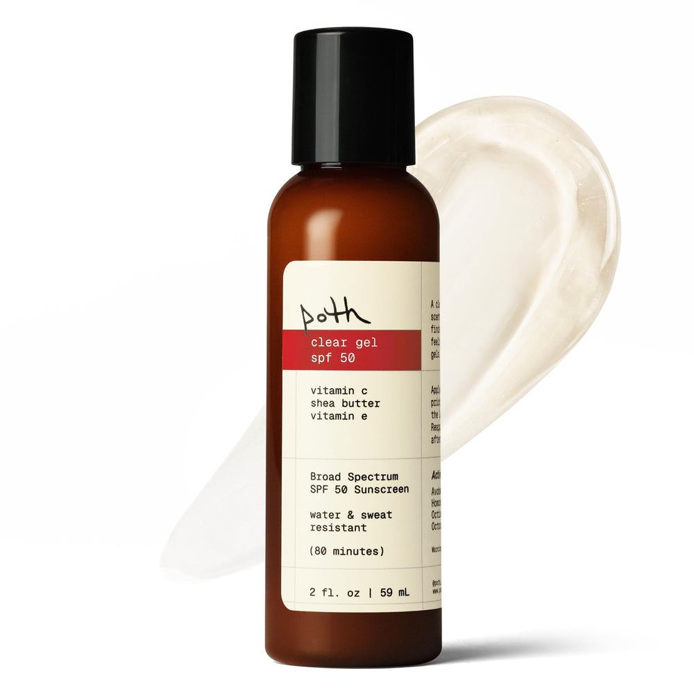 poth clear gel spf 50 front packaging showing bottle and label benefits