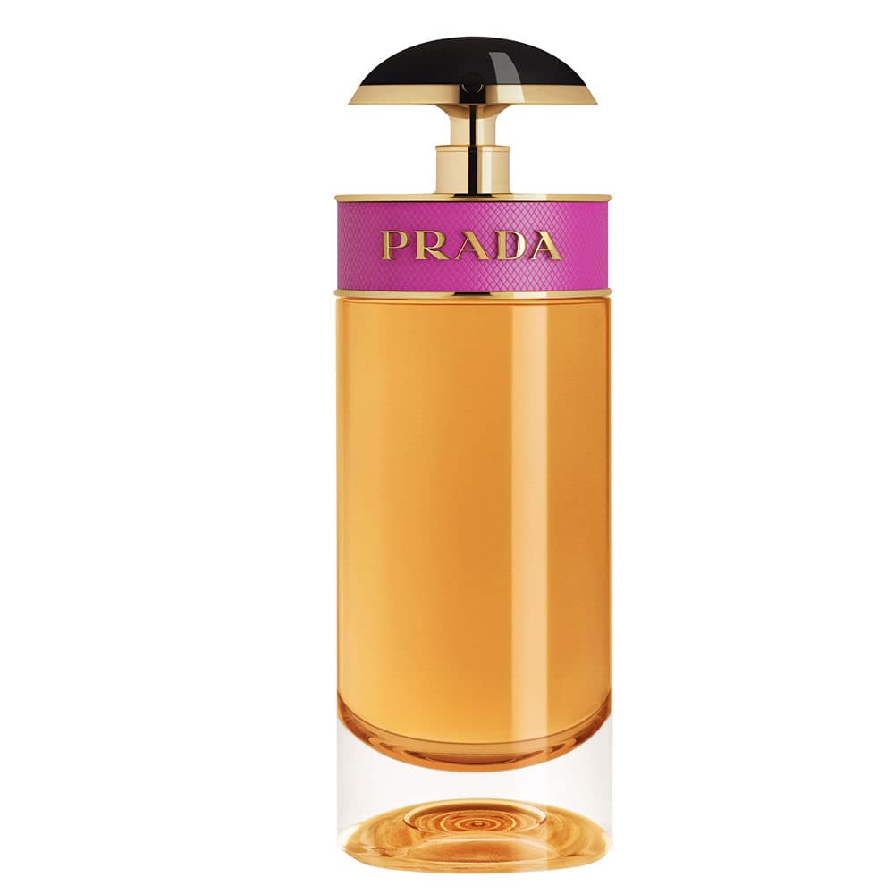 Prada bottle front view showing Candy perfume and elegant design benefit: clear brand presentation