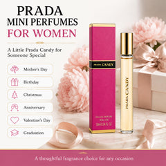 Hand spraying Prada Candy travel atomizer for quick refresh benefit convenience on-the-go