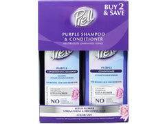 Prell purple shampoo label close-up highlighting toning action