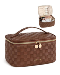 Prite checkered brown front view showing quilted vegan leather and elegant design for travel