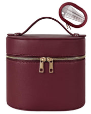 Prite front view of barrel cosmetic case showing structured protection and style
