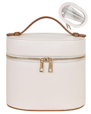 Prite front view of barrel cosmetic case showing structured protection and style