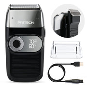 PRITECH front view of double foil shaver showing ergonomic handle and foils for smooth shaving
