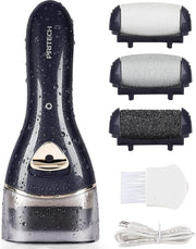 PRITECH front view of electric foot file showing ergonomic grip and power button, faster smoothing