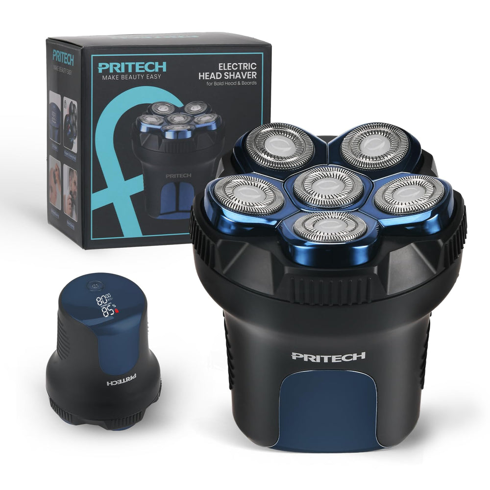 PRITECH front view of shaver showing six heads and ergonomic grip for efficient shaving