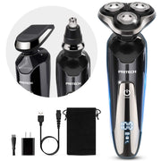 PRITECH rotary shaver front view showing compact design and ergonomic grip benefit
