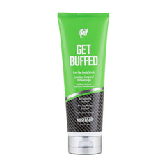 Pro Tan front packaging of Get Buffed scrub showing 8 oz jar and label, prepares skin
