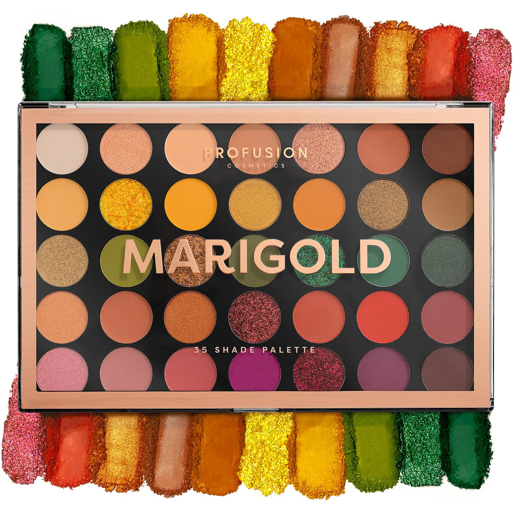 Profusion Cosmetics Marigold open palette showing 35 shades and variety