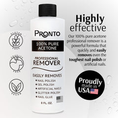 Pronto acetone bottle close-up showing label and liquid clarity benefit