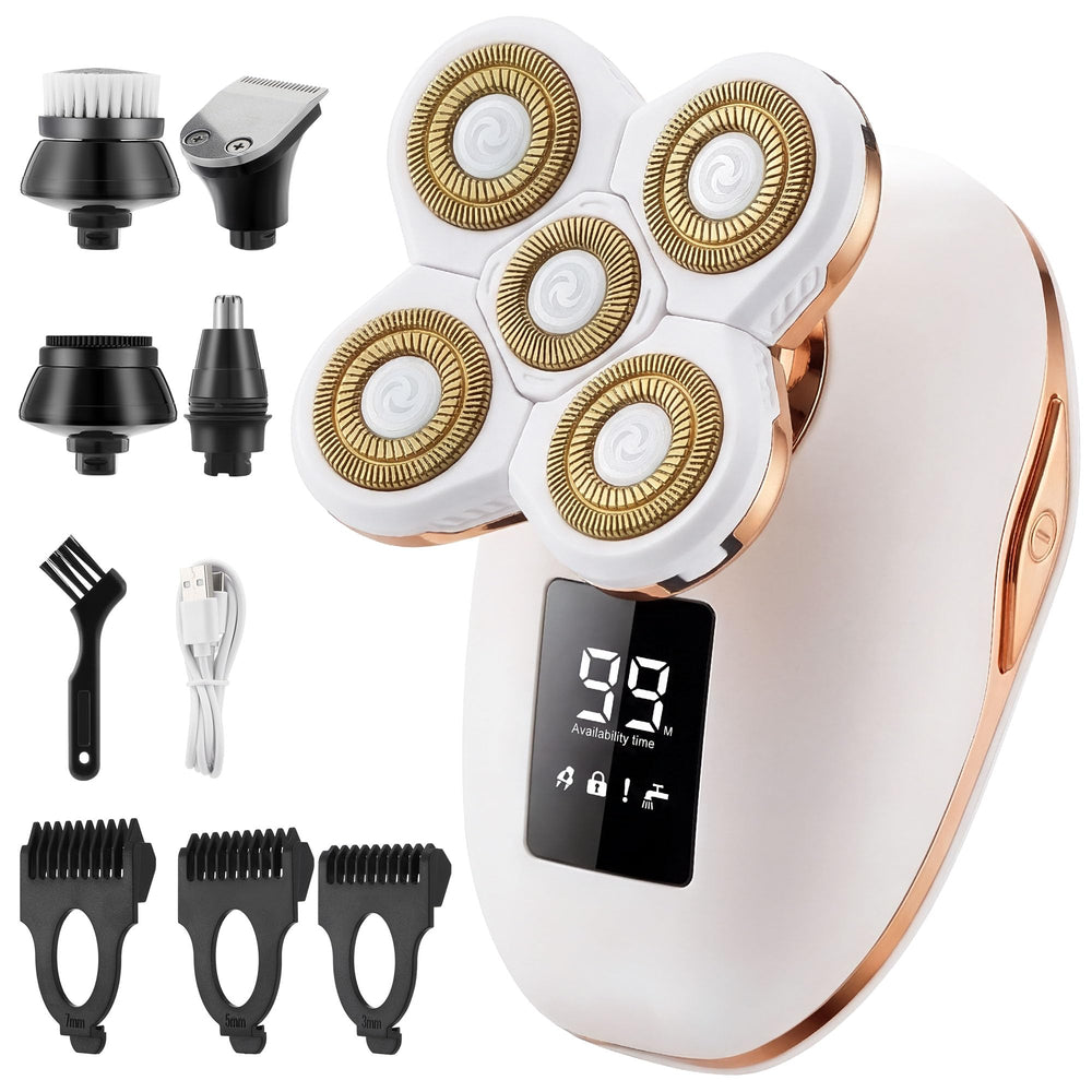 Psmicor front view of gold shaver showing ergonomic handle and on/off button, easy grip