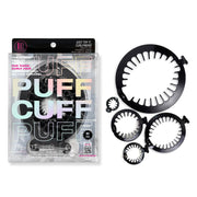 PuffCuff starter set front view showing five black clamps and benefits