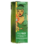 Pulp Riot Snake Eyes tube front view showing bold Kelly green packaging benefit clear shade