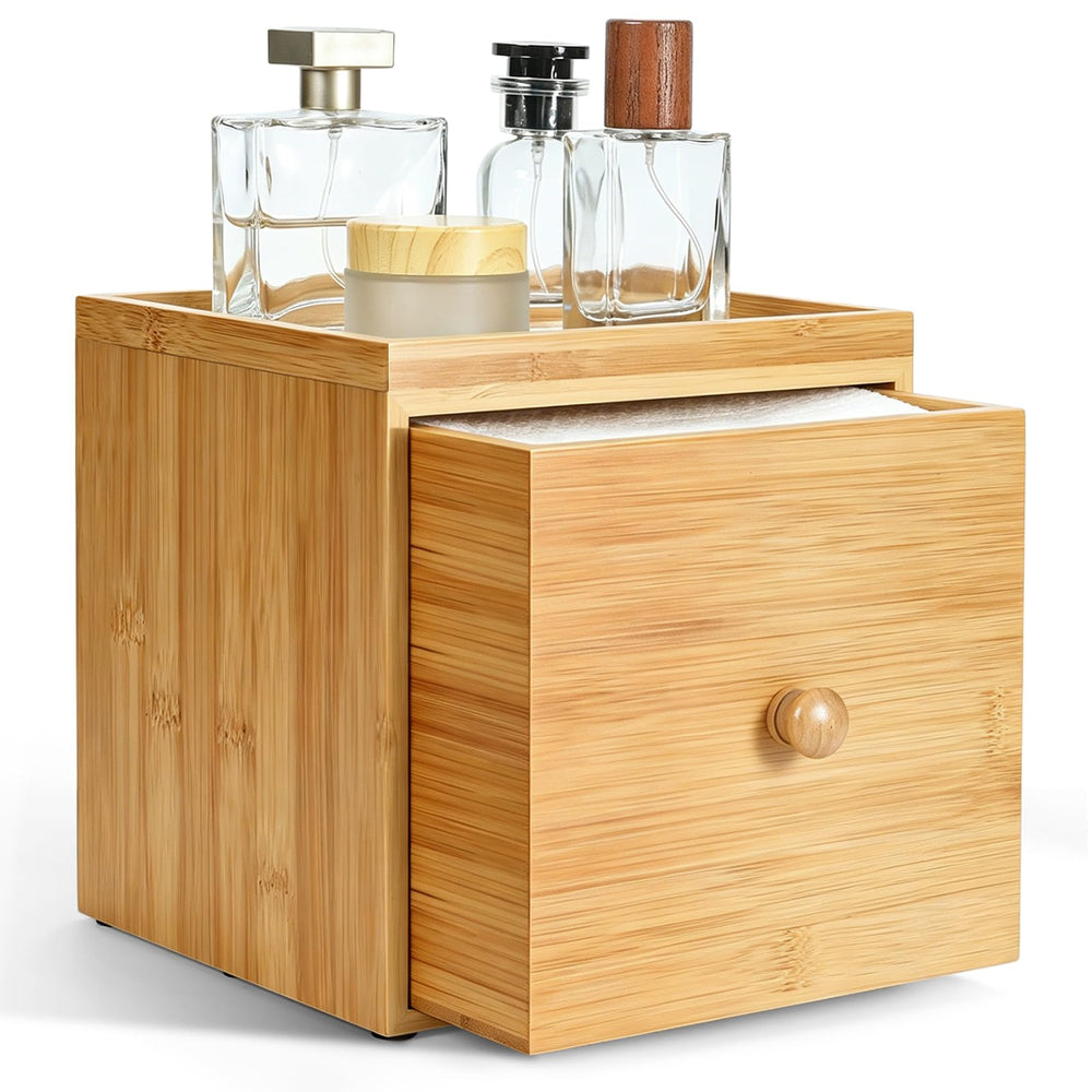 PUPOMIO bamboo holder front view showing compact organized storage benefit