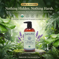 PURA D'OR label close-up showing USDA Organic seal and lavender scent for trust