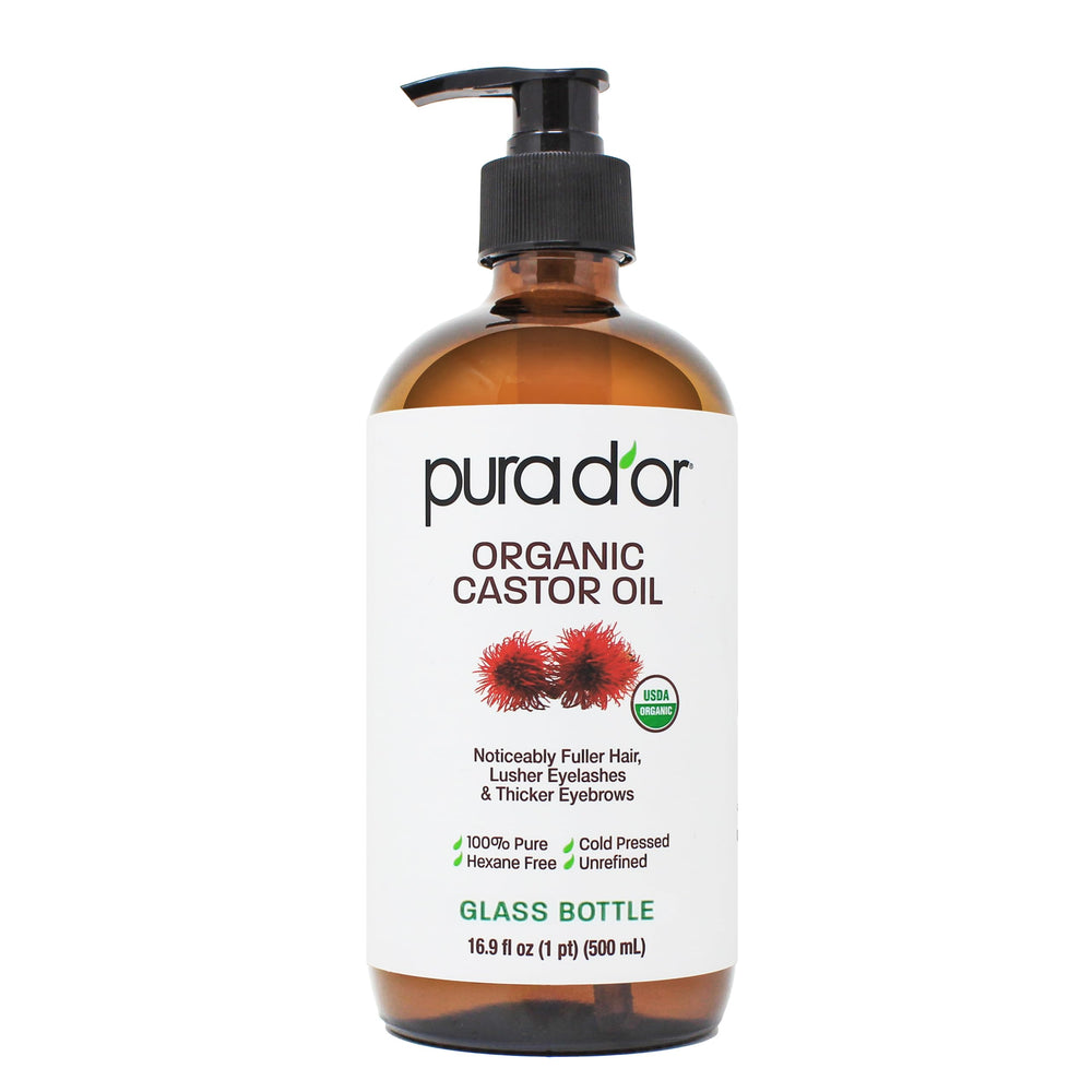 PURA D'OR front glass bottle shot showing clean organic packaging and trust