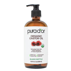 PURA D'OR front glass bottle shot showing clean organic packaging and trust