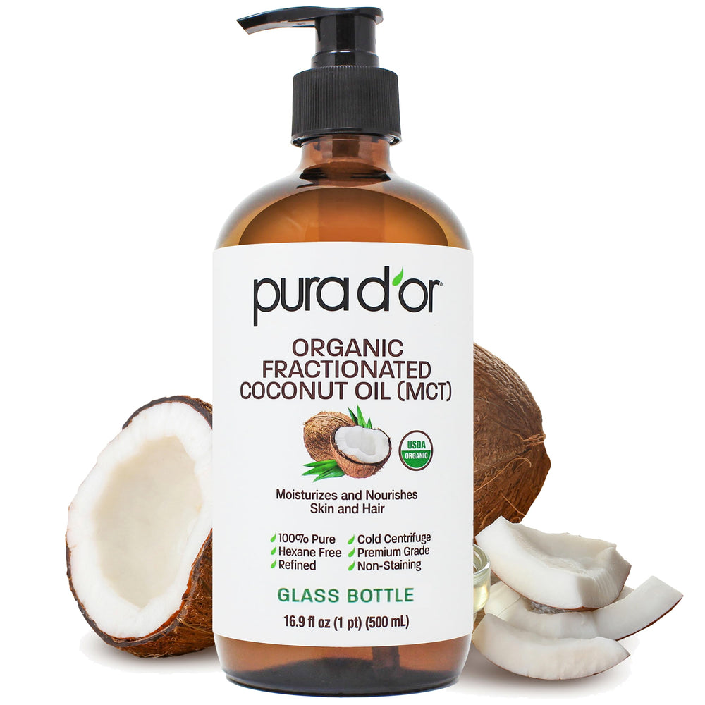 PURA D'OR glass bottle front view showing label and eco-friendly packaging benefit