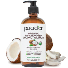 PURA D'OR glass bottle front view showing label and eco-friendly packaging benefit