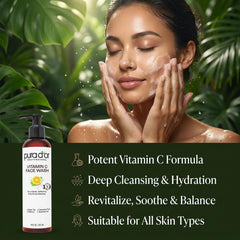 PURA D'OR ingredients flatlay with vitamin C and botanicals, shows potency
