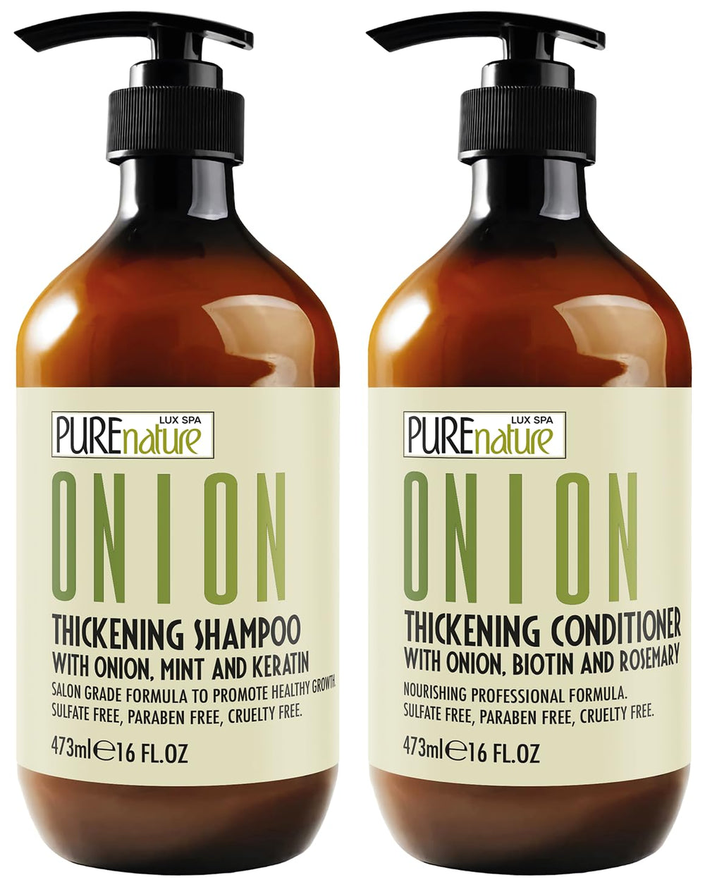 PURE NATURE LUX SPA front packaging showing volumizing onion duo benefits