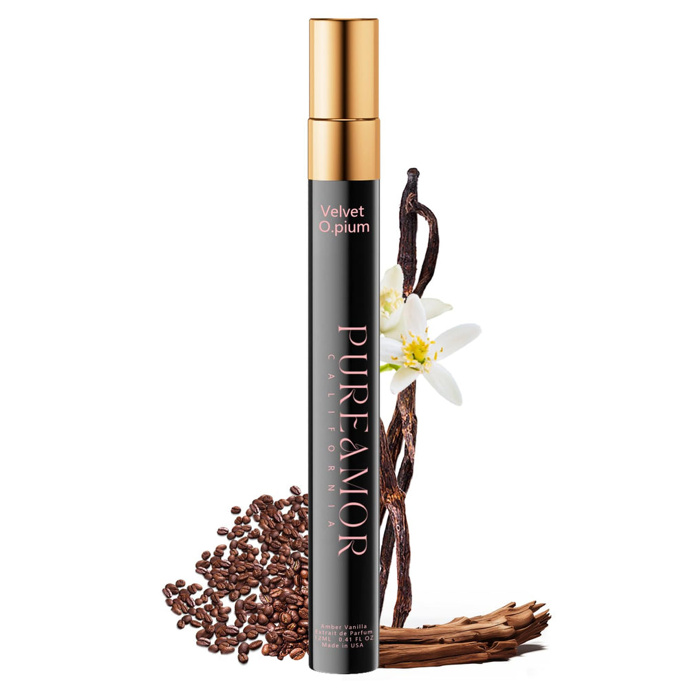 PUREAMOR front bottle view showing elegant amber vanilla packaging and premium feel
