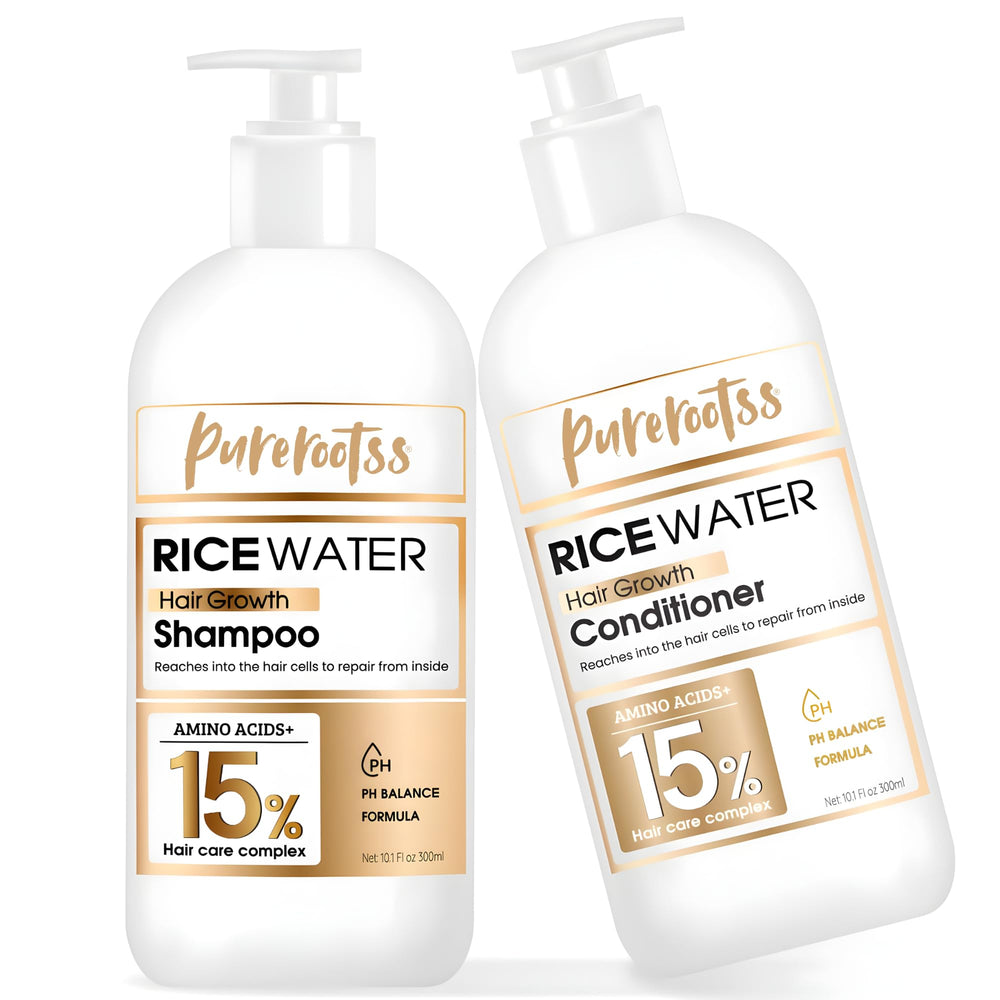 PureRootss front packaging showing rice water shampoo and conditioner benefits