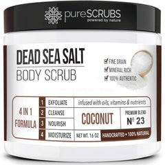 pureSCRUBS jar front view showing label and coconut scent benefit