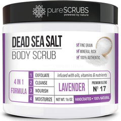 pureSCRUBS front jar showing lavender label and smooth skin benefits