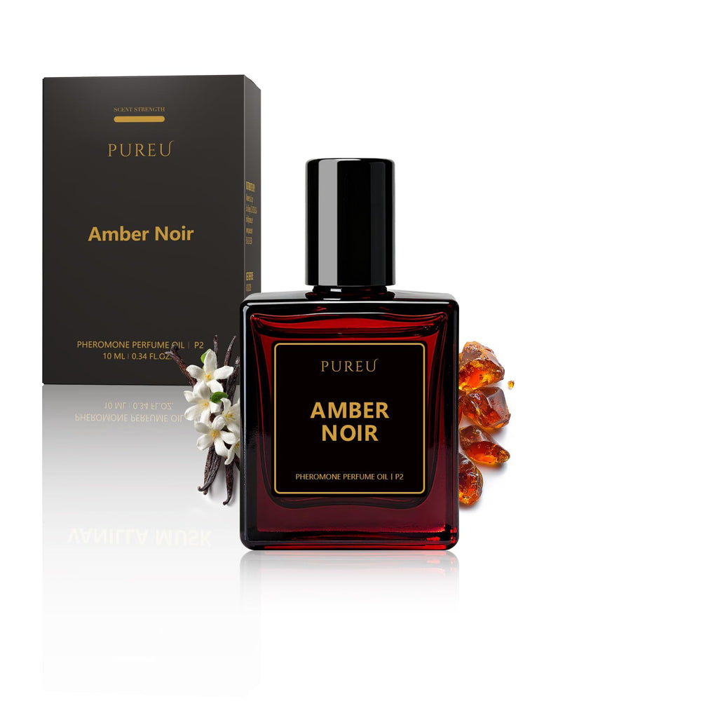 PUREU amber noir front bottle showing compact travel-ready design benefit
