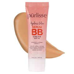 pūrlisse front tube of Ageless Glow Serum BB Cream showing product packaging and benefit of multi-use