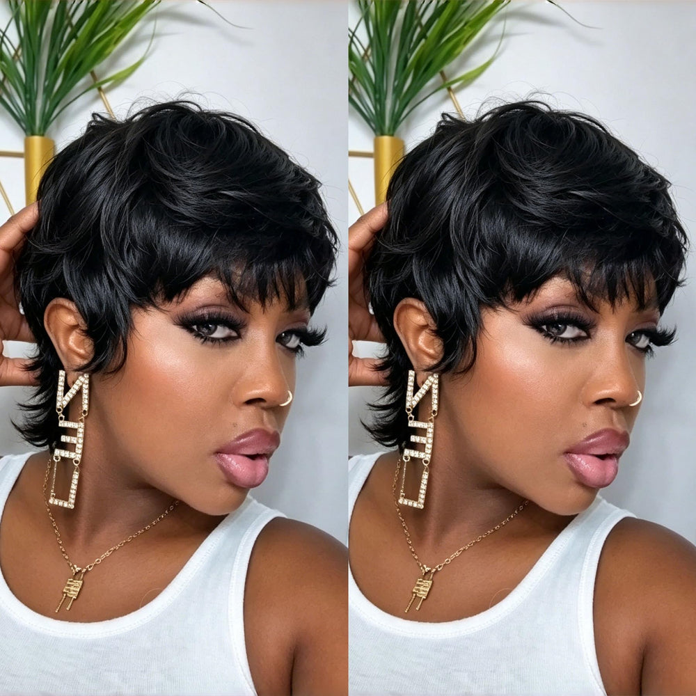 PurpleSexy front view showing natural black pixie and instant style benefit