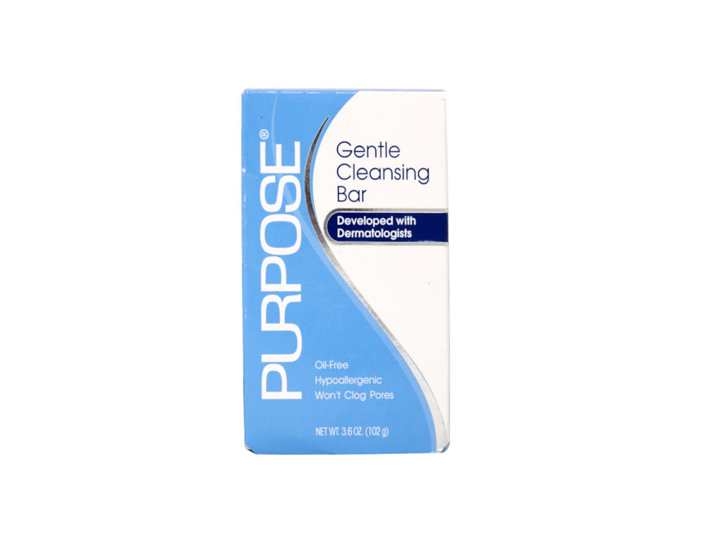 Purpose cleansing bar front packaging showing product benefits and 4-pack
